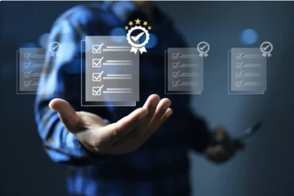 Open hand beneath glowing checklist documents and a certification badge