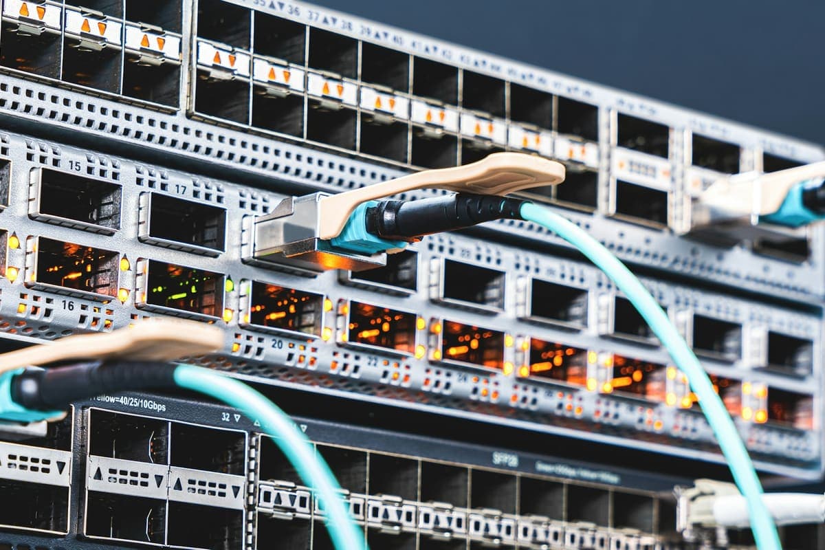 Fibre optic transceivers plugged into a router line card