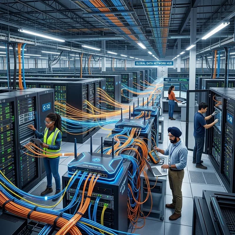 Network engineers configuring routers and cabling in a large data centre