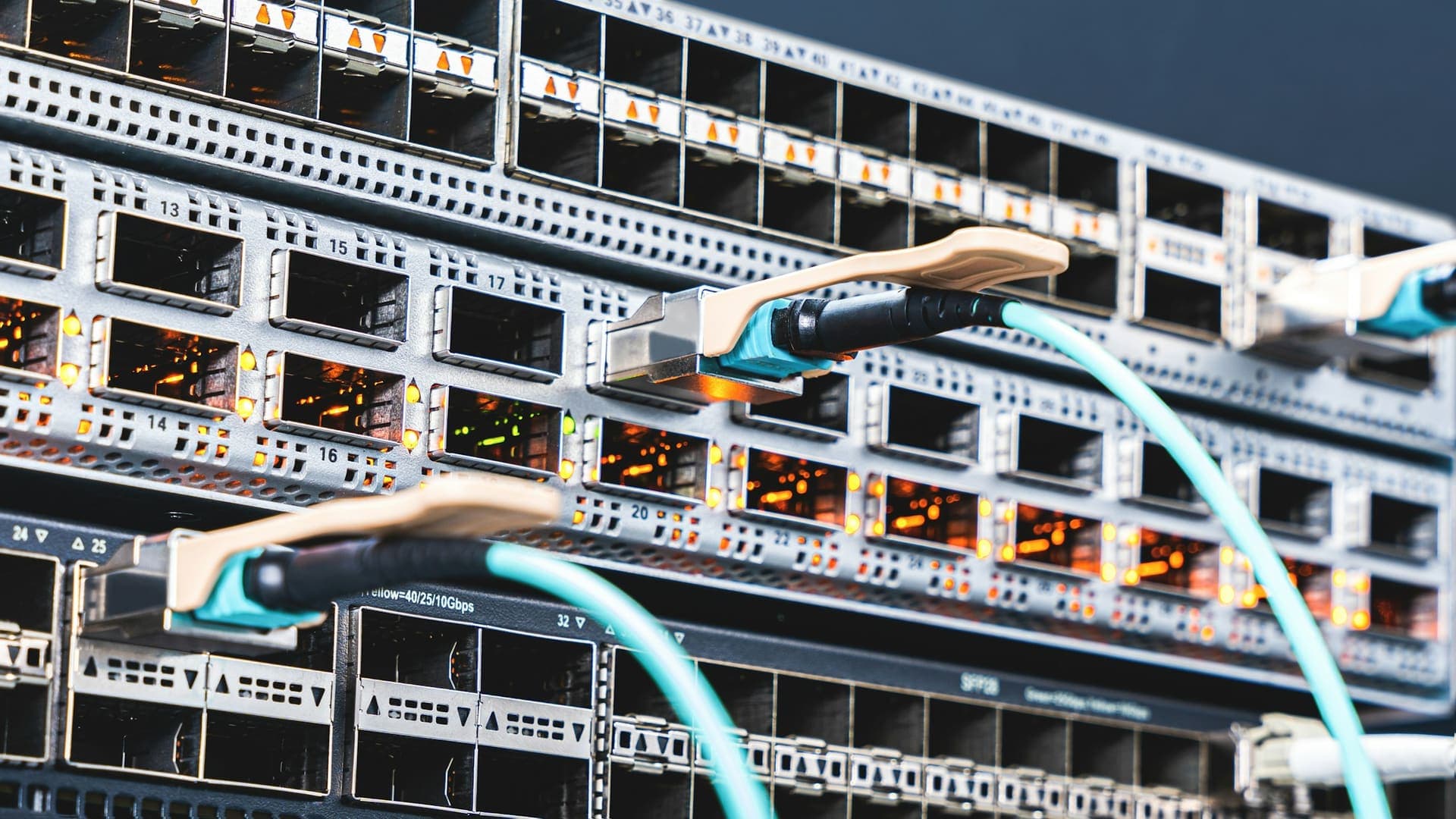 Fibre optic transceivers plugged into a router line card